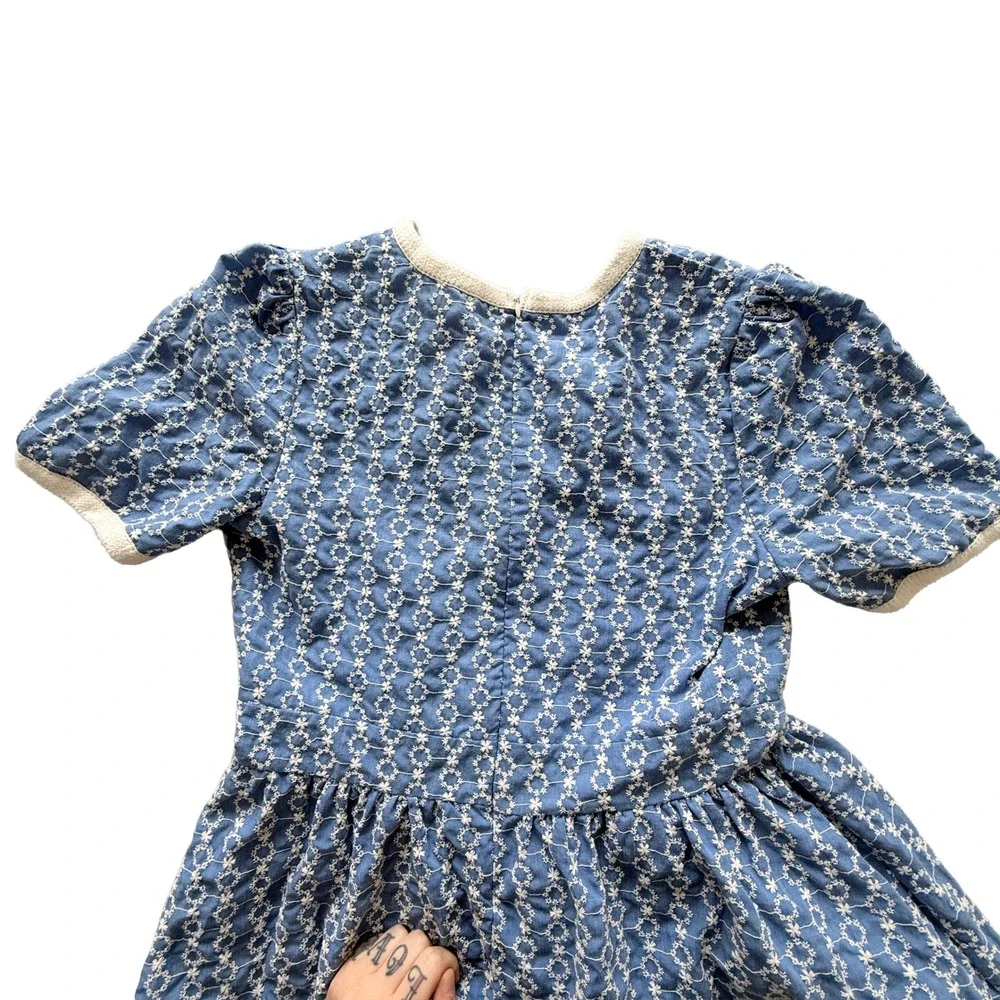 Dress Code Korea Blue White Floral Eyelet Puff Sleeve Wrap Midi Dress Womens - Picture 7 of 9